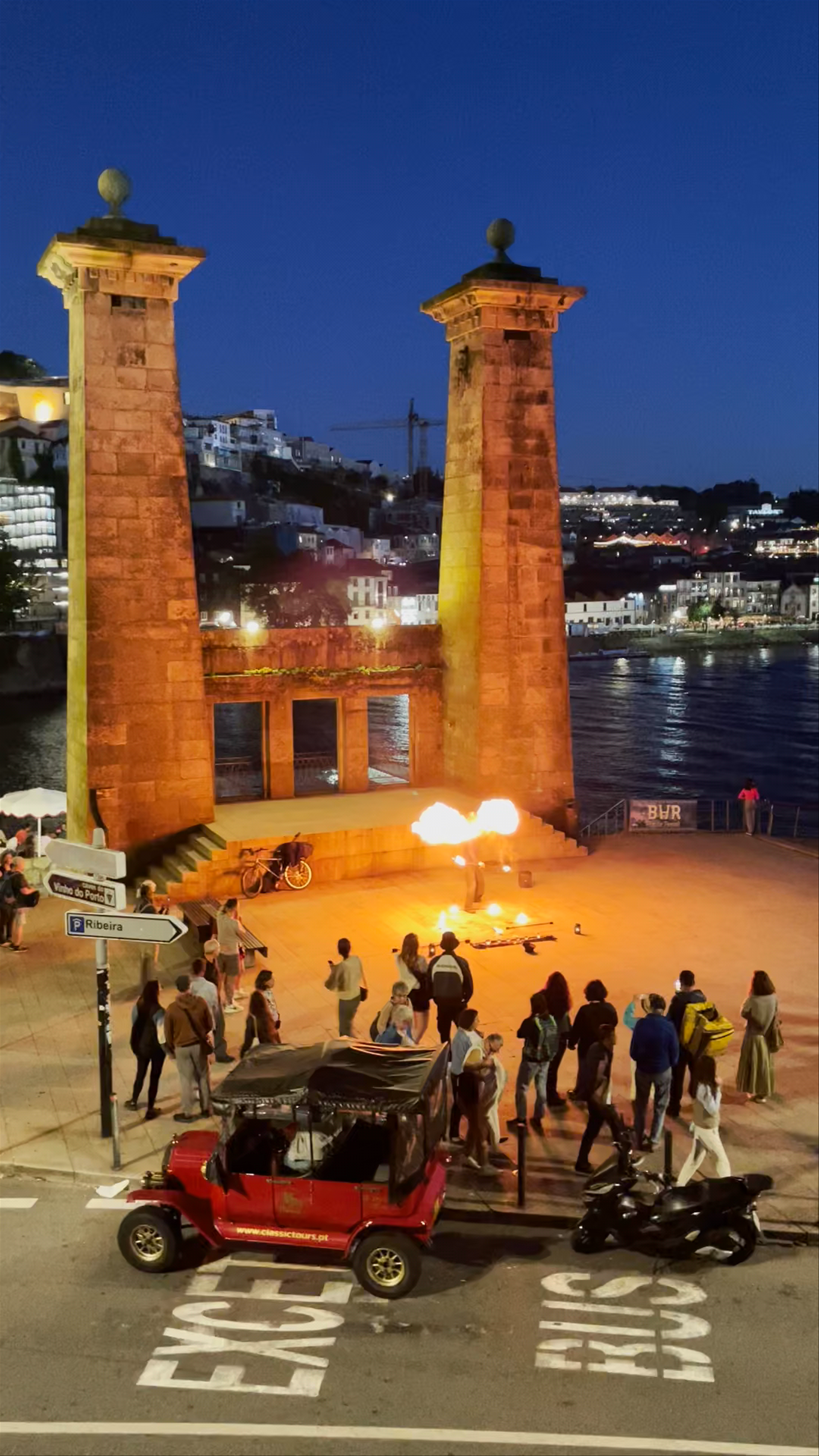 Evening Fire Performance at Pilares da Ponte Pênsil, Porto