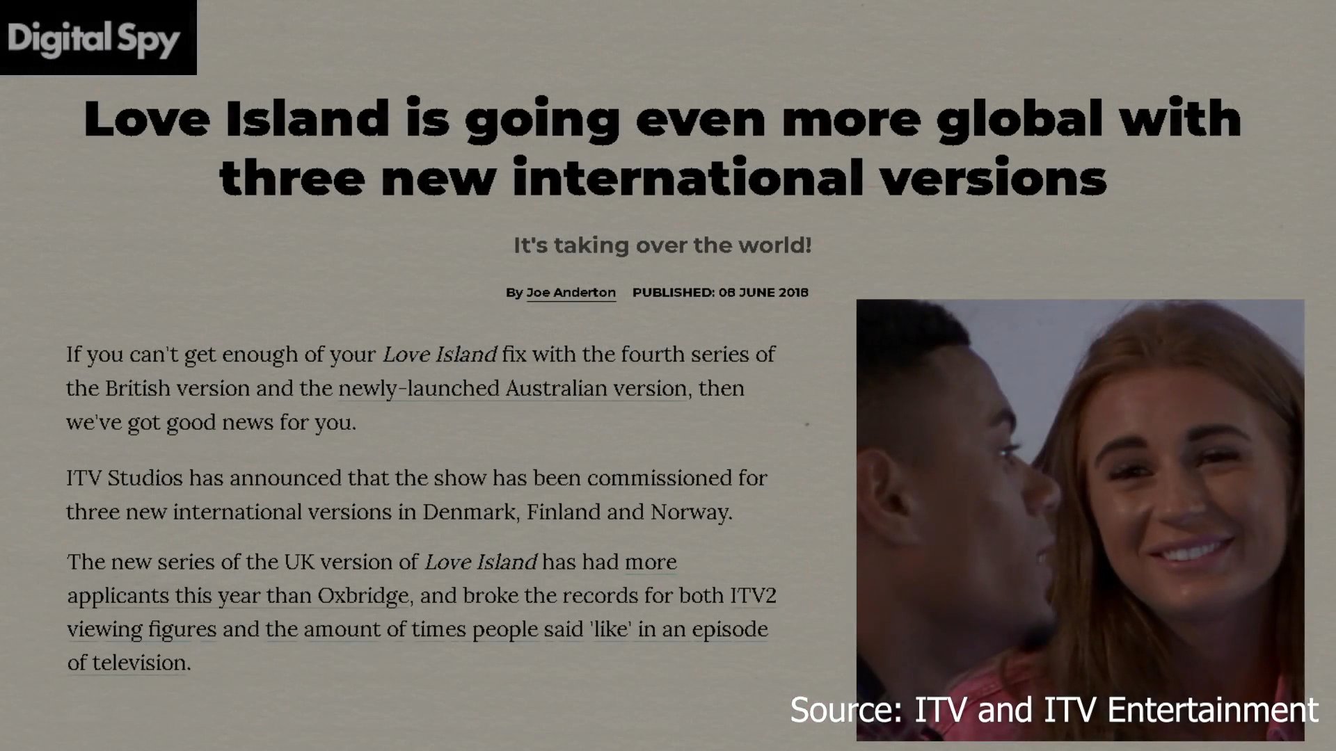 The discussion covers the global expansion of the Love Island reality television franchise as it launches three new international versions. News coverage highlights the show's continued popularity and audience growth across multiple territories.