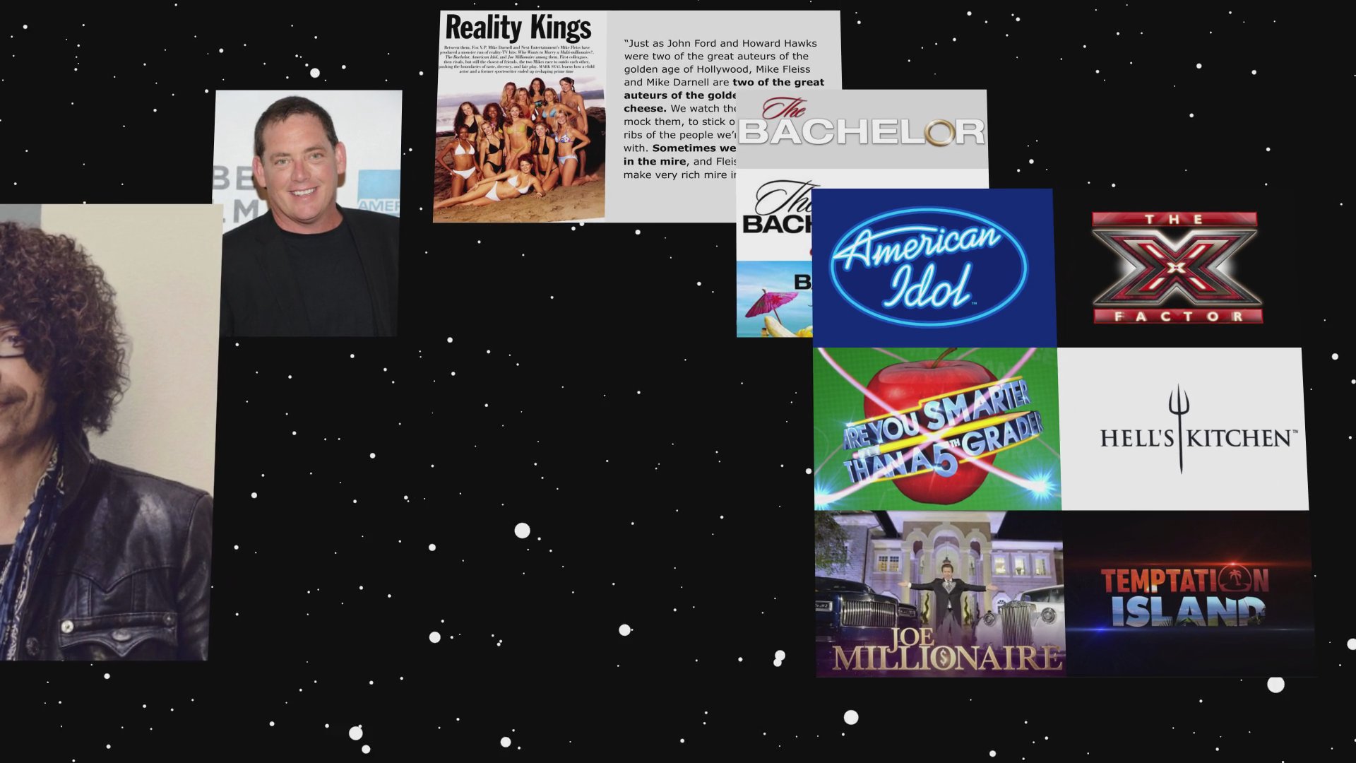 A visual compilation displays various reality television program logos and associated personality portraits against a star-field background, highlighting prominent media branding.
