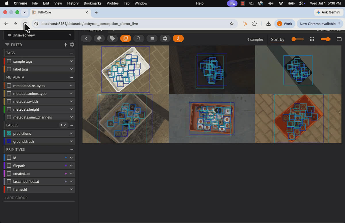 FiftyOne App open in a browser streaming live BabyROS samples, showing a 2D bin-picking image beside a 3D point cloud.