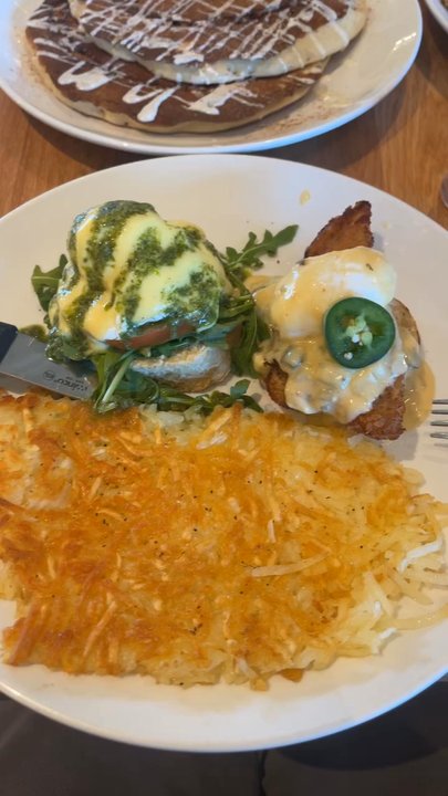 Broken Yolk Cafe - Choice of Caprese Benedict & Fried Chicken Benedict, Moms Omelette, and Cinna-Cakesamon Pancakes! - Breakfast & Brunch Near Me - McKinney, Texas