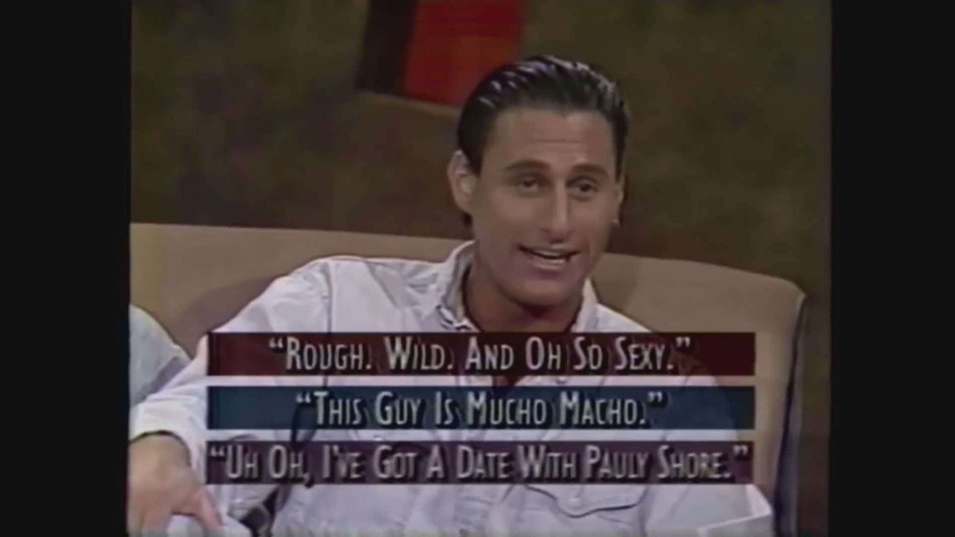 Comedian Pauly Shore engages in a television talk show interview followed by a presentation of newspaper headlines regarding ongoing public interest in the O.J. Simpson case.