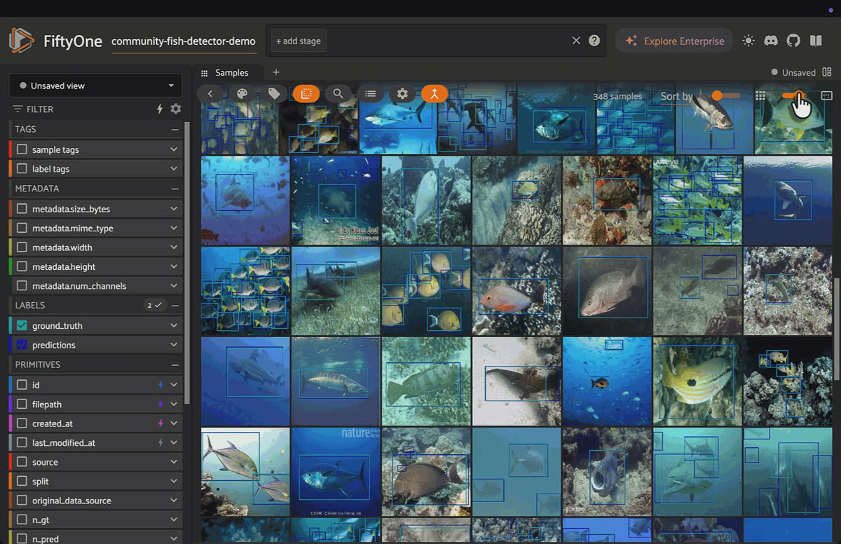 Exploring the full Community Fish Detector demo dataset in the FiftyOne App, with ground-truth fish boxes spanning brackish, reef, freshwater, and lab environments in a single grid.