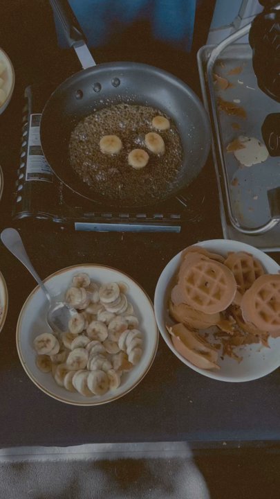 Community Table - Bananas Foster waffles in progress! - Comfort Food Near Me - Mt Pleasant, South Carolina