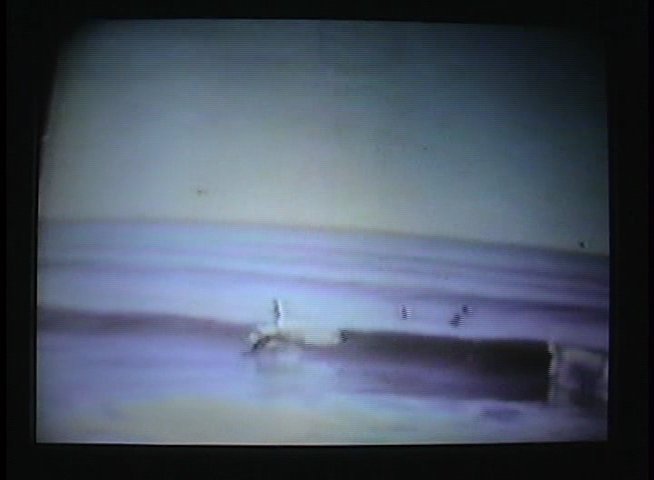 A lone surfer maneuvers a longboard across a breaking wave in a scenic coastal setting. The vintage-style footage captures the fluid motion of the ride against an expansive ocean horizon.