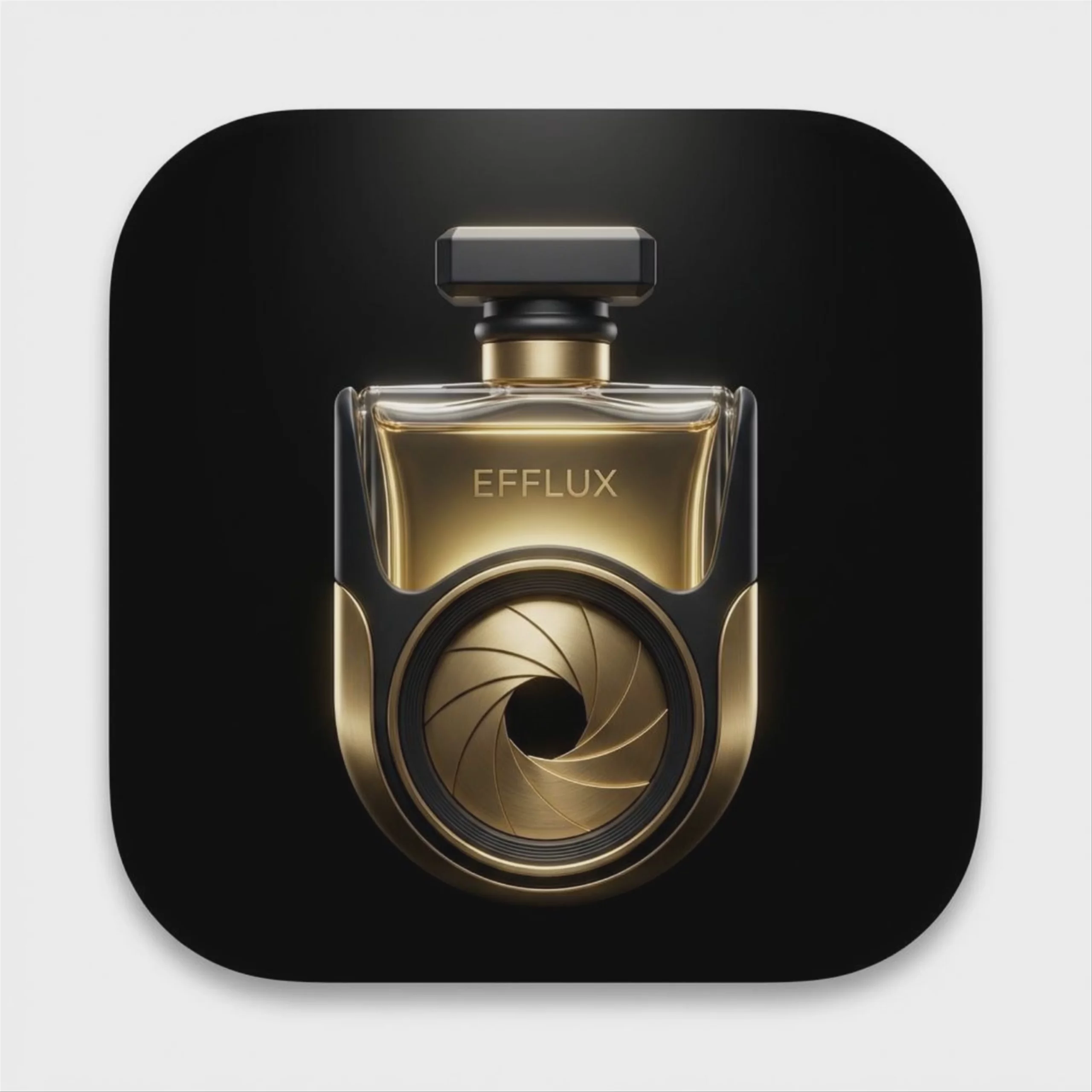A close-up shot of a luxury perfume bottle named EFFLUX, featuring a gold camera lens iris at its base. The bottle is set against a dark, rounded-square backdrop. This video was generated using Kling V3 Pro at 1440x1440 resolution from an initial reference image.