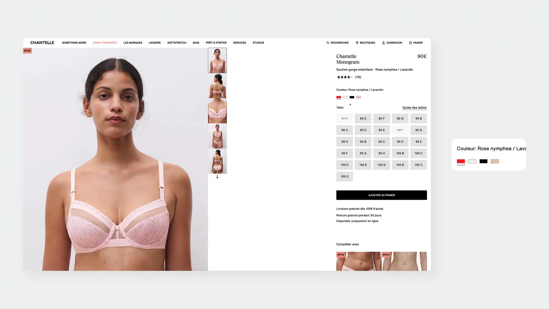 Chantelle product page for a pink embroidered bra featuring a clean size selector and unlabeled color swatches. Swatch names appear on hover in a fixed label area, preserving a minimalist design while helping users identify variants like 'Blanc' or 'Rouge'. The gallery updates instantly with alternate model views per selection, enhancing product understanding without visual clutter.