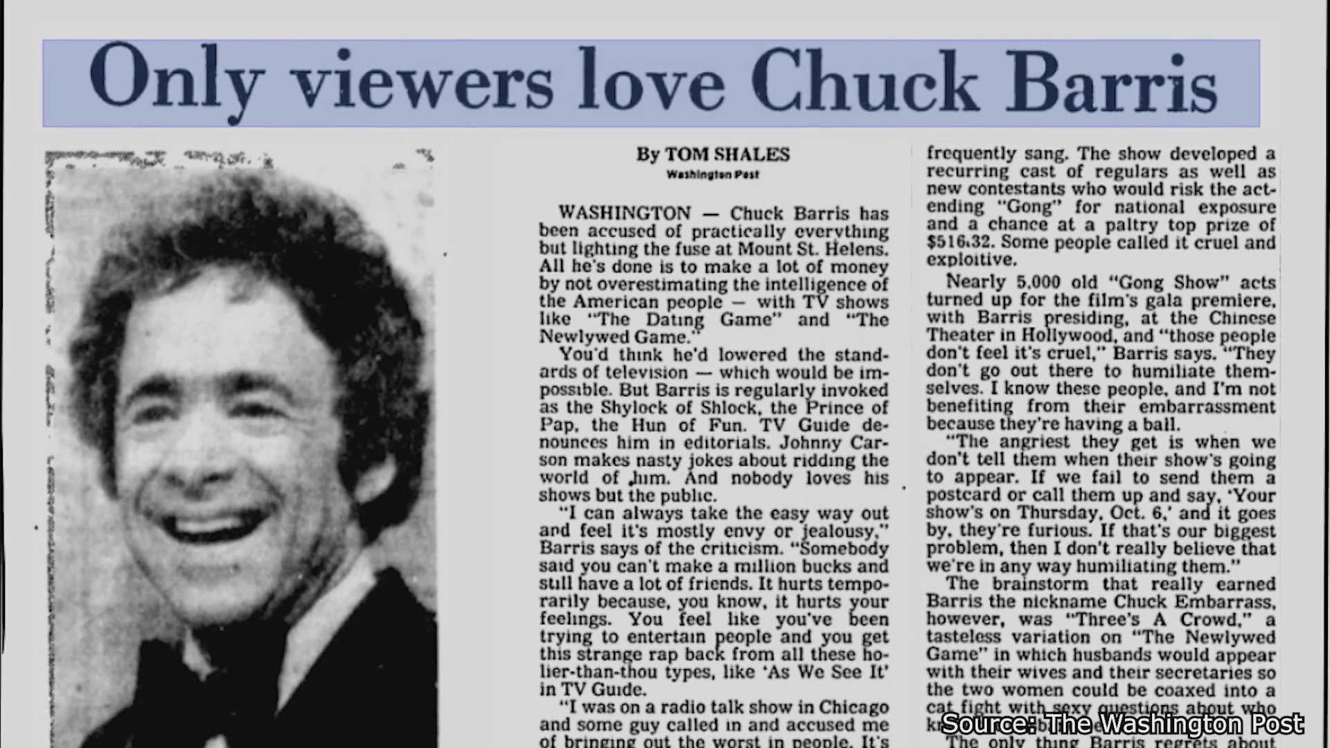 Historical newspaper clippings and photographic archives examine the controversial legacy of Chuck Barris and the television reception of The Gong Show.