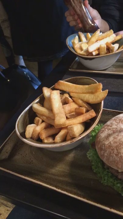 Hans Im Glück - Goat cheese and fig spread burger with regular fries. - Burgers Near Me - Heidelberg, BW