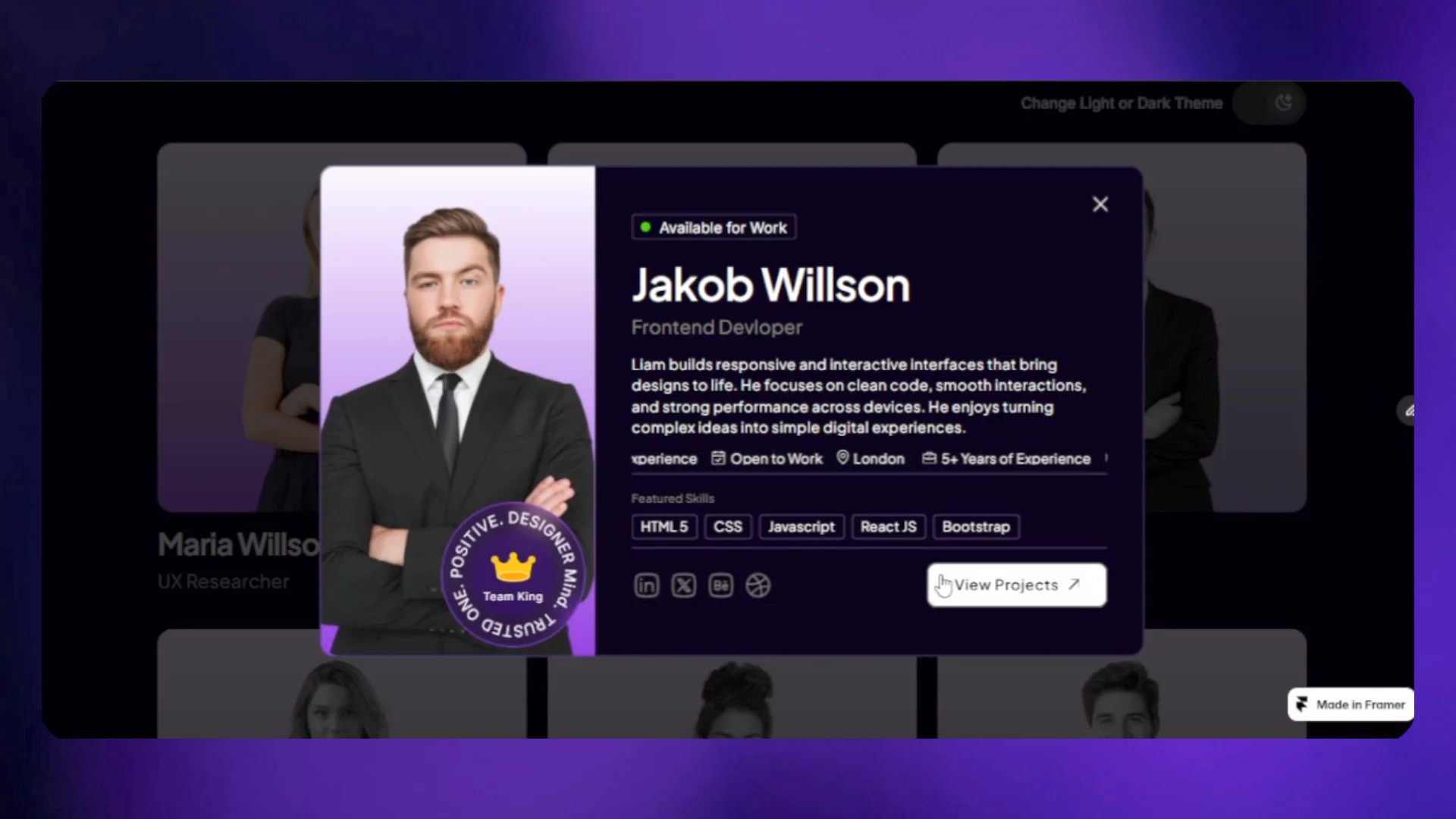 Meet Team Zen ✨https://sub.chujiqiqi.com/community/posts/2atzginKmDZMUxJKf6kwfK/A modern team member component for showcasing your people with style. Built with interactive cards, badges, skills, social links, and smooth hover effects.Designed for Framer creators who want a polished team section without starting from scratch.@framer @framertemplate @UI/UX