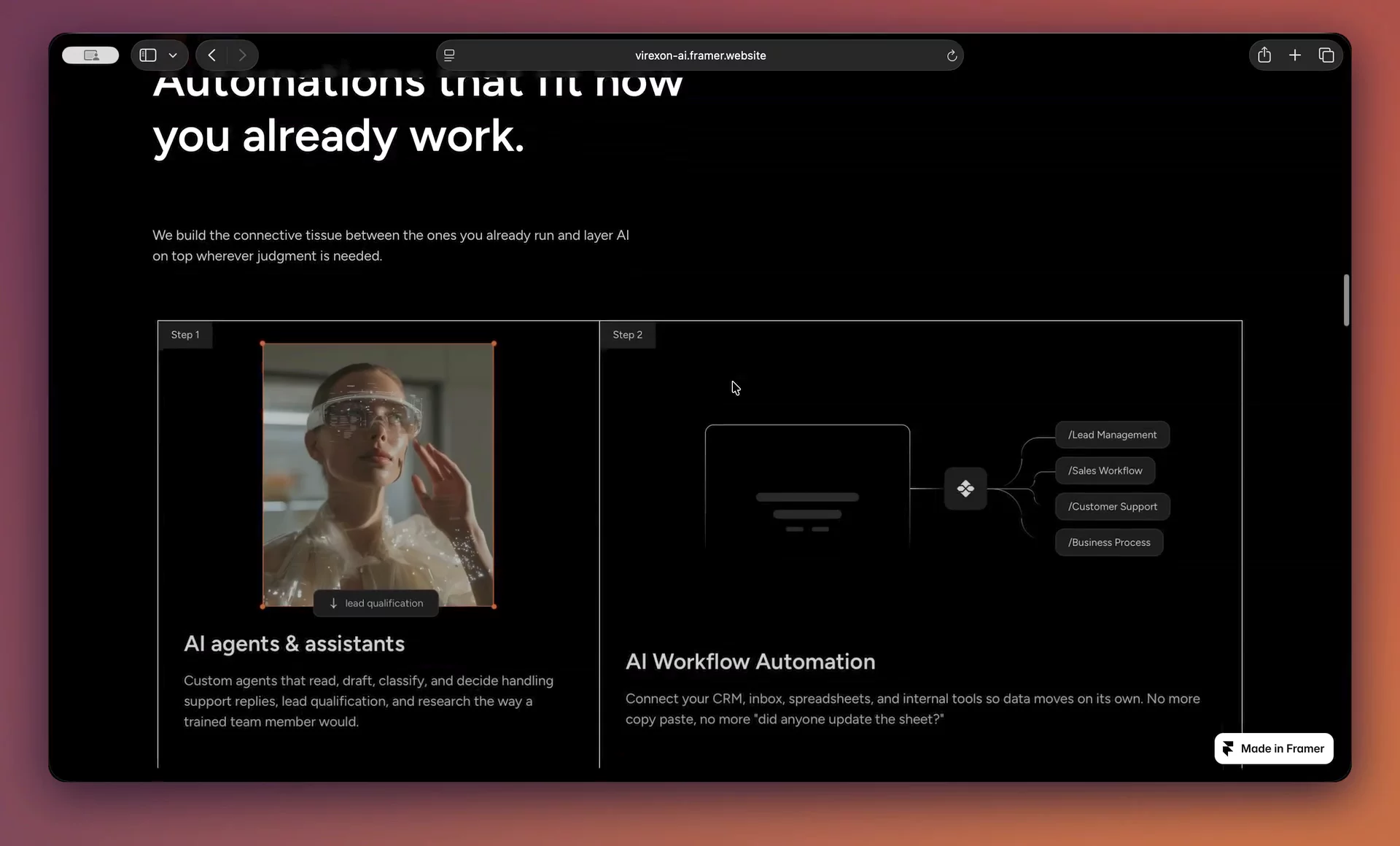 Virexon, in motion.The whole site rests on one gradient a slow ember that never fully cools. Everything else stays dark so the orange actually has somewhere to land.Restraint was the harder part. Dark sites tempt you to light everything up.Free to remix → framer.link/ahROZ7R