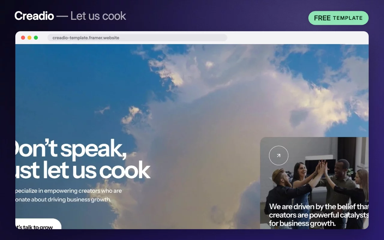 Creadio opens with 'don't speak, just let us cook', which is either the best or the worst hero line of the year.Under it, the actual position: empowering creators who drive business growth, because creators are powerful catalysts for it. Free to remix.Live preview → https://creadio-template.framer.website/Remix it free →#framer #framertemplate #framerexpert #webdesign #nocode #creativestudio #contentcreation #branding #socialmedia