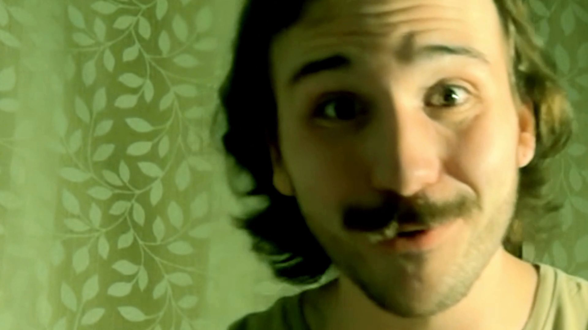 A man with a mustache engages in a dramatic, expressive monologue while standing before a leaf-patterned curtain. His varied facial expressions and movements suggest an intense or comedic performance.