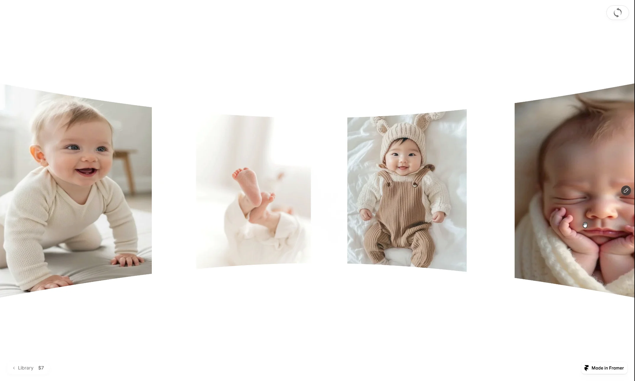 Little moments, all around. 🤍Tiny feet, a knitted hat, a sleepy face tucked into a basket. Give the gallery a gentle turn and see which moment catches your eye.Try the live previewhttps://alwebmotion.framer.website/components/cylinder-galleryGet Cylinder Gallery for your Framer projecthttps://buy.polar.sh/polar_cl_2u6uHjT4WxC6JEfNvzD2g9cAnPDIeKANDlMBs0njcep