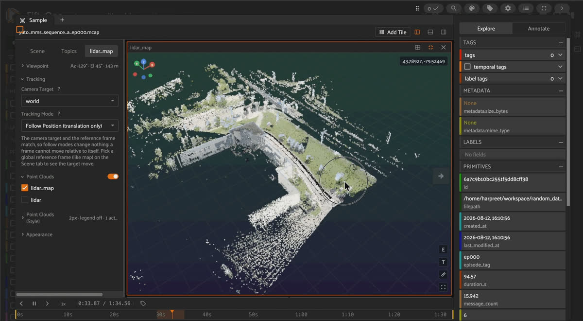 YUTO MMS MCAP episode in FiftyOne showing an accumulated RGB-colorized LiDAR map, a 360-degree Ladybug panorama, and the GPS track around the Teledyne Optech campus.