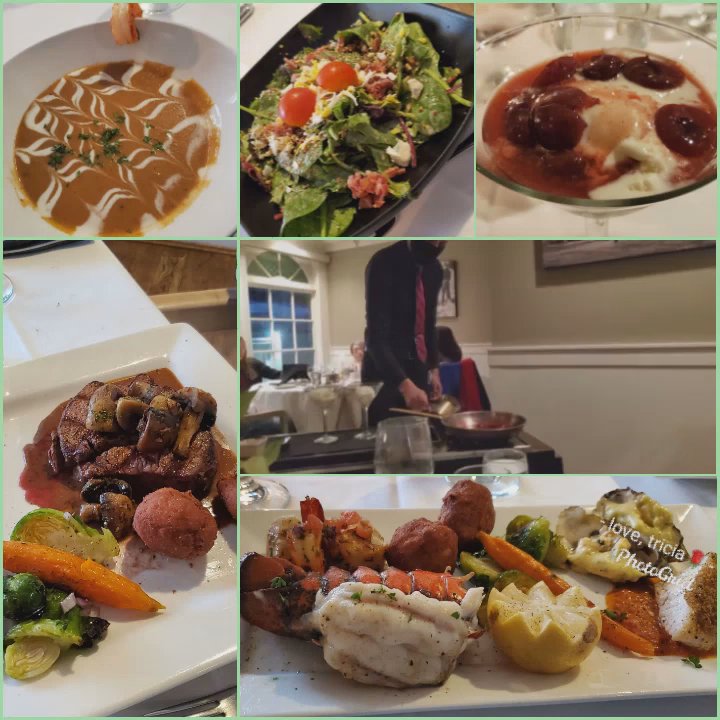 Old Surrey Restaurant - Top clockwise from L-R: Shrimp Bisque, Spinach Salad, Cherries Jubilee, Cherries Jubilee (video), Seafood Platter, and Steak au Poivre - French Near Me - Surrey, British Columbia
