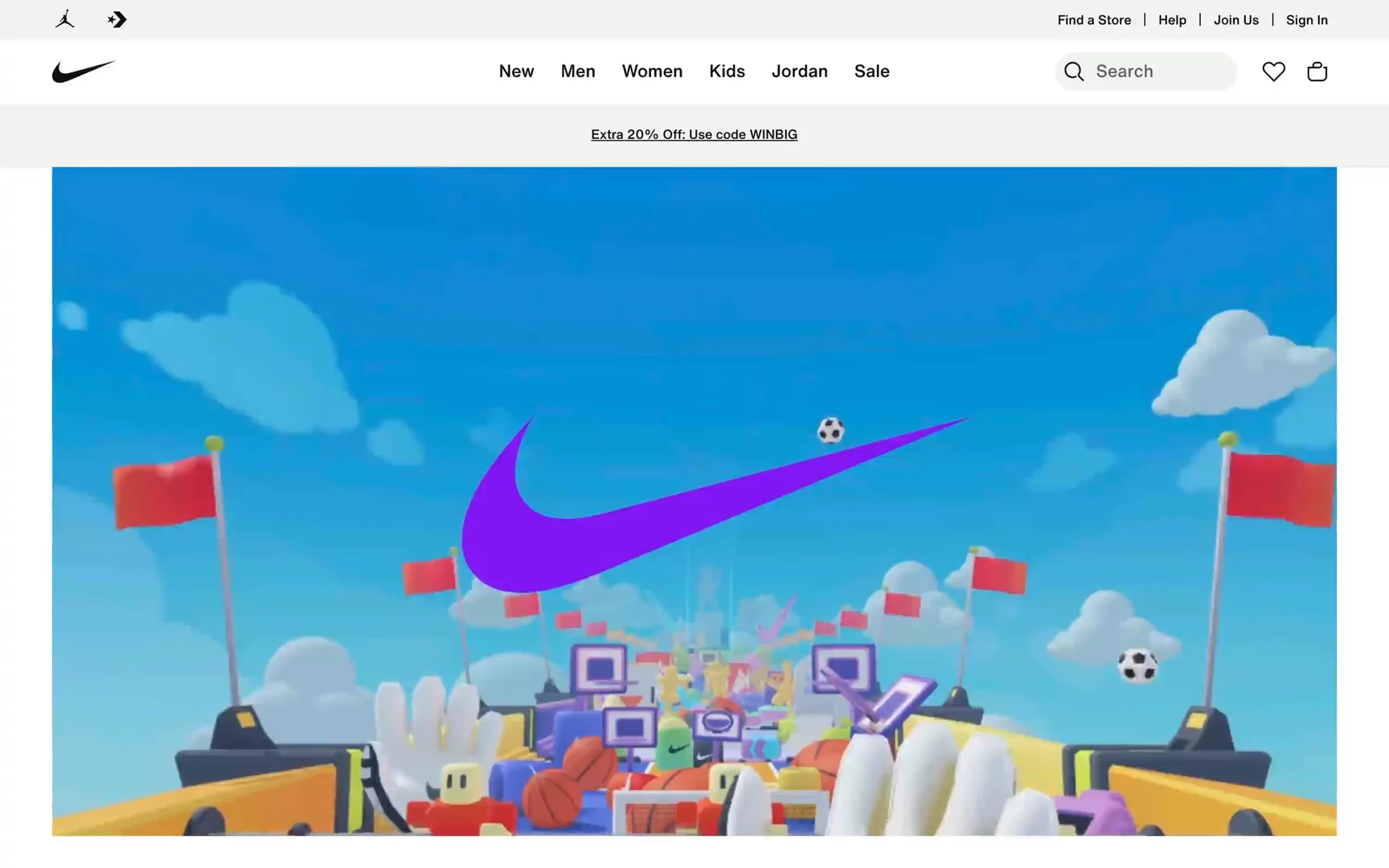 Nike's website with a video presented Nikeland on Roblox, inviting visitors to discover the collaboration.