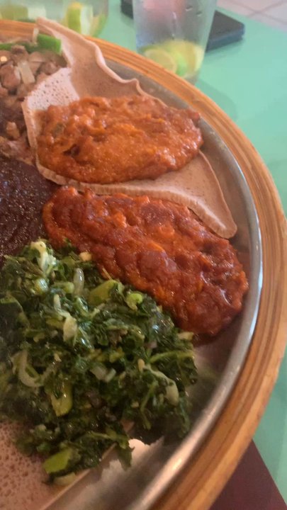 Sheba's Ethiopian Kitchen - Entree with chicken, Lamb Aletcha and beef with 2 lentils, green beans and greens - Ethiopian Near Me - Dallas, Texas