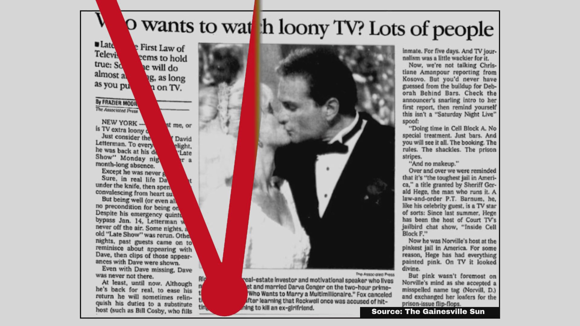 A review of print media coverage and journalistic criticism regarding the reality television program Who Wants to Marry a Multimillionaire. The segment examines public reaction and media commentary surrounding the controversial televised event.