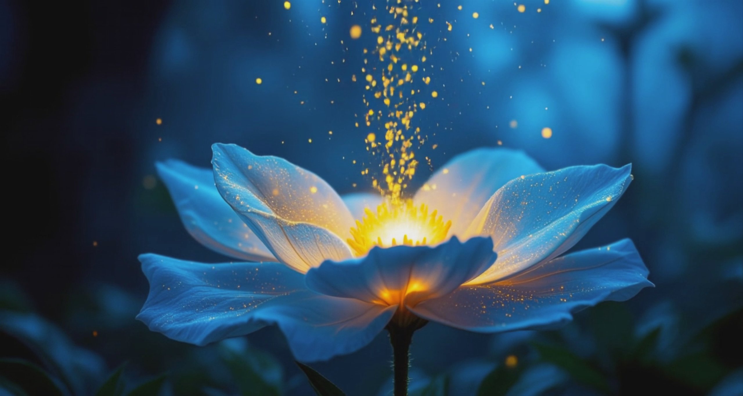 A close-up shot of a glowing blue flower with a warm golden center emitting shimmering yellow particles. The background is a dark, misty blue forest. This 1972x1052 image-to-video frame was generated using the Kling 2.6 Pro model.