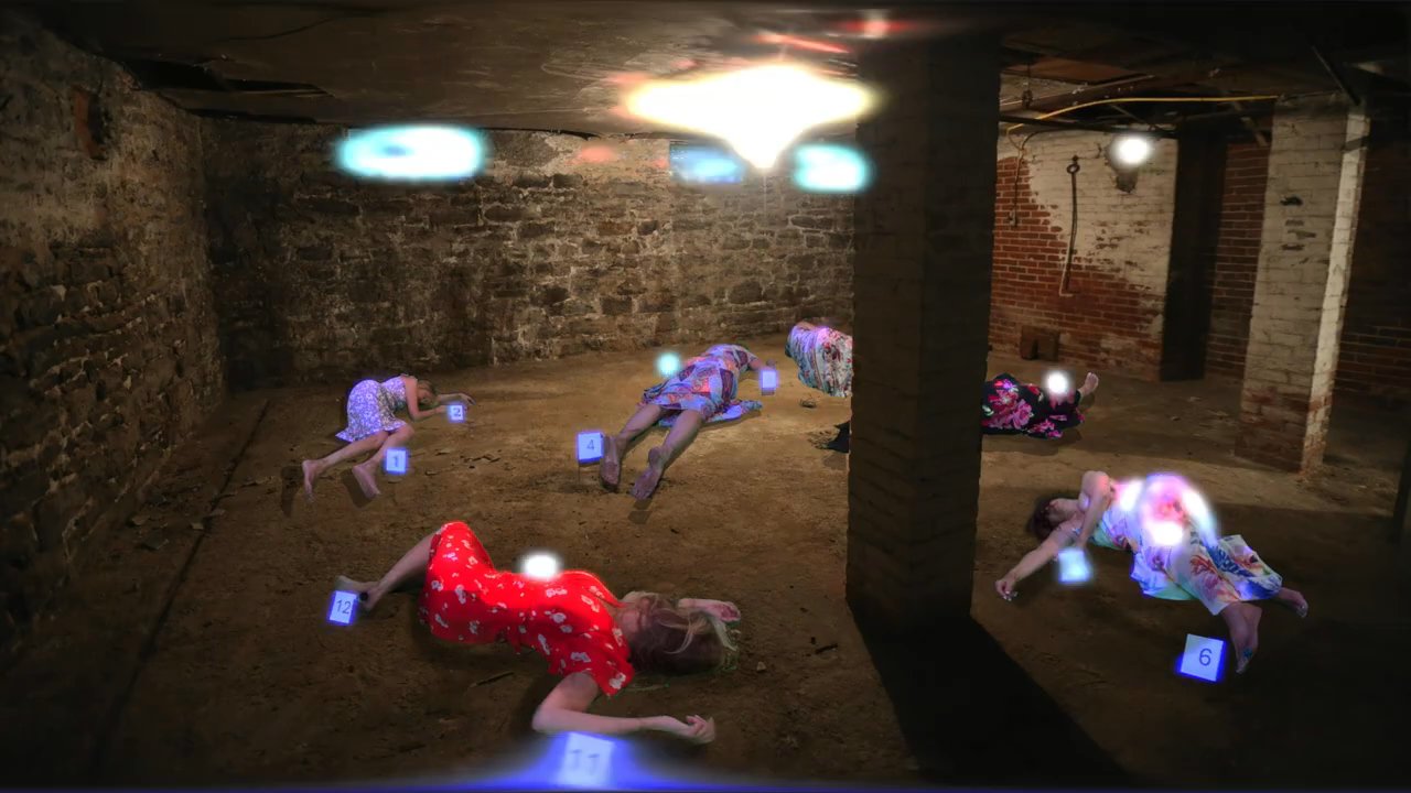 Investigators meticulously document evidence at a basement crime scene involving multiple victims, transitioning to a close-up analysis of a broken window.