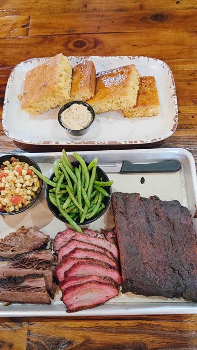 Sauced BBQ & Spirits - El Segundo - 3 Meat Combo ($45) - Brisket, Tri-Tip, & Pork Ribs, Corn Succotash, & Roasted Garlic Green Beans / Cornbread (HH Lg. $9)   07-21-2025 - Barbeque Near Me - El Segundo, California