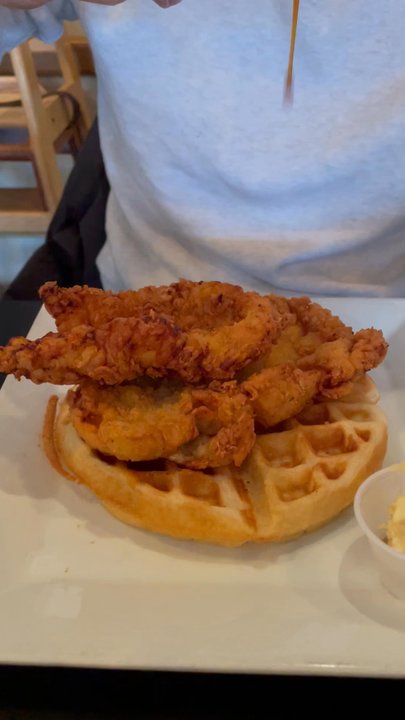 Sweet Basil's Cafe - Chicken waffle. Drizzling that sauce - New American Near Me - Livingston, New Jersey