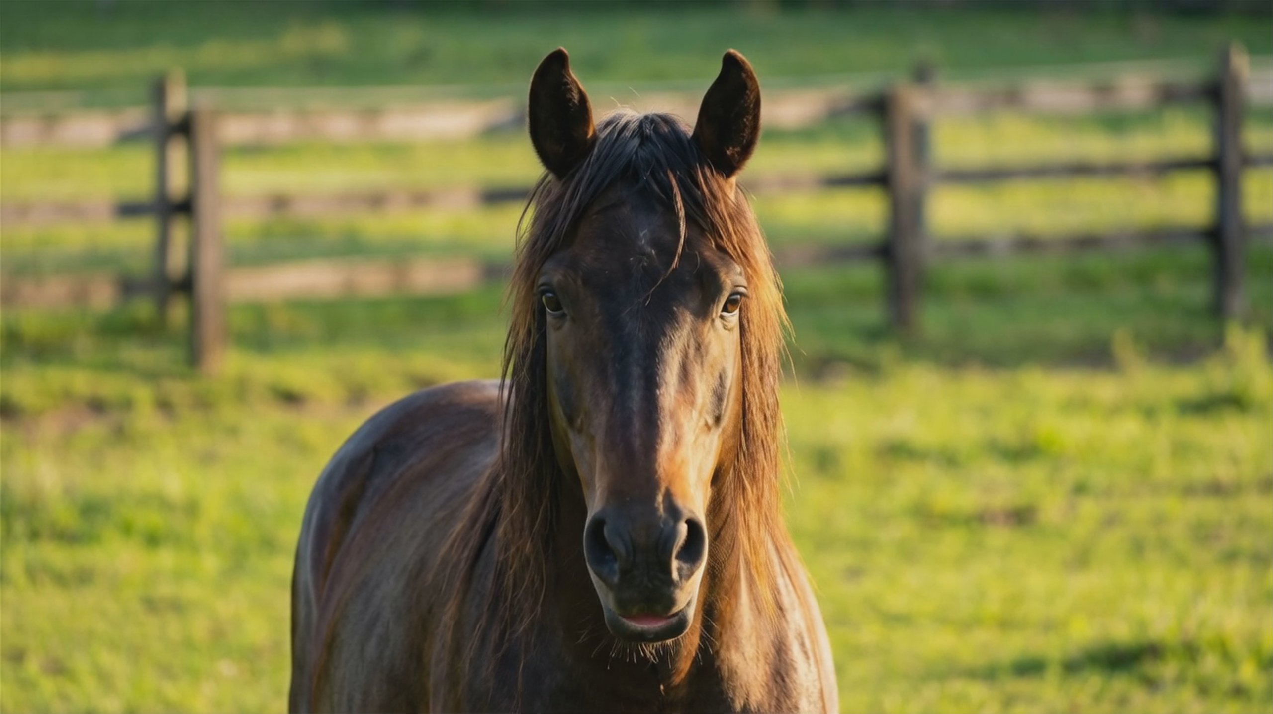 A close-up shot of a brown horse with its mouth slightly open, standing in a grassy green pasture with a soft-focus wooden fence behind it. The scene is illuminated by warm golden hour sunlight. This 1312x736 resolution video was generated using the VEED Fabric 1.0 Fast model.