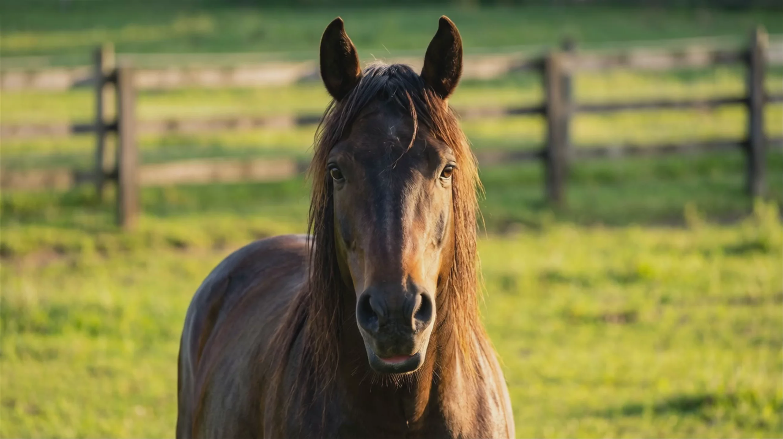 A close-up shot of a brown horse with its mouth slightly open, standing in a grassy green pasture with a soft-focus wooden fence behind it. The scene is illuminated by warm golden hour sunlight. This 1312x736 resolution video was generated using the VEED Fabric 1.0 Fast model.