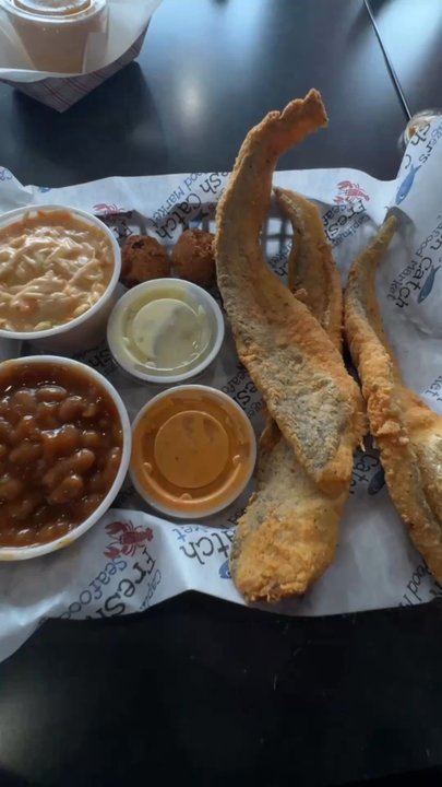 Caplinger's Fresh Catch - Pictured is the whiting fillet dinner with baked beans, chipotle slaw. Mac & cheese & two hush puppies - Seafood Near Me - Indianapolis, Indiana