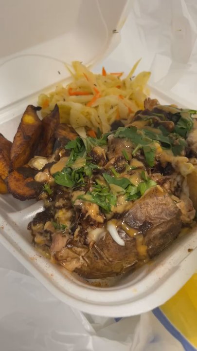 Gee’s Caribbean Kitchen - Loaded jerk chicken baked potato , fried plantings, and cabbage 10/10 - Caribbean Near Me - Cincinnati, Ohio