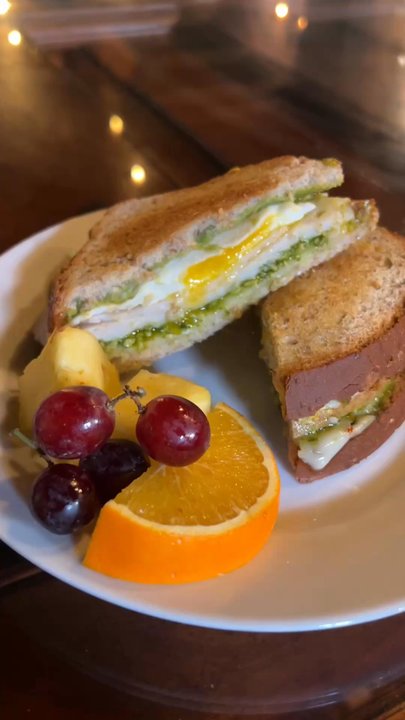 Coffee On the River - Hammy Sammy with pesto served with fruit! - Coffee & Tea Near Me - Lansing, Iowa