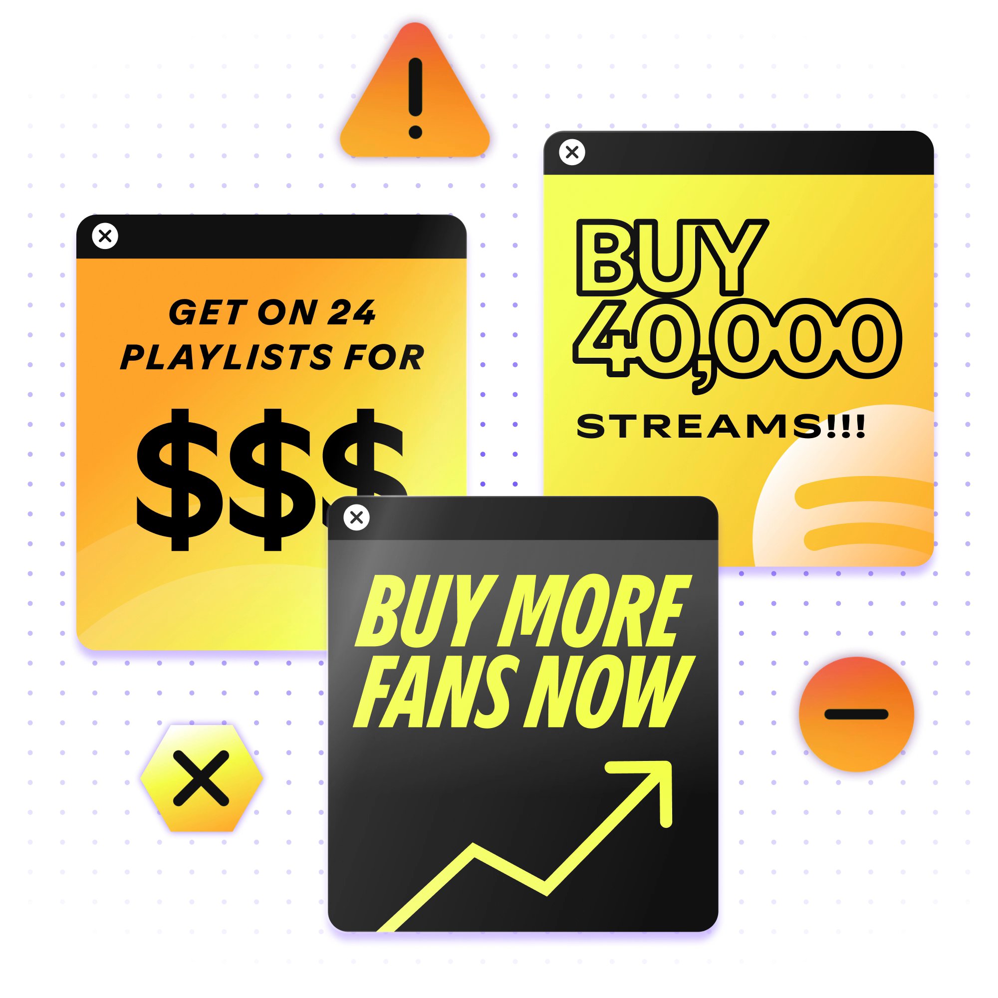 Vibrant graphics highlight controversial practices in playlist promotions.