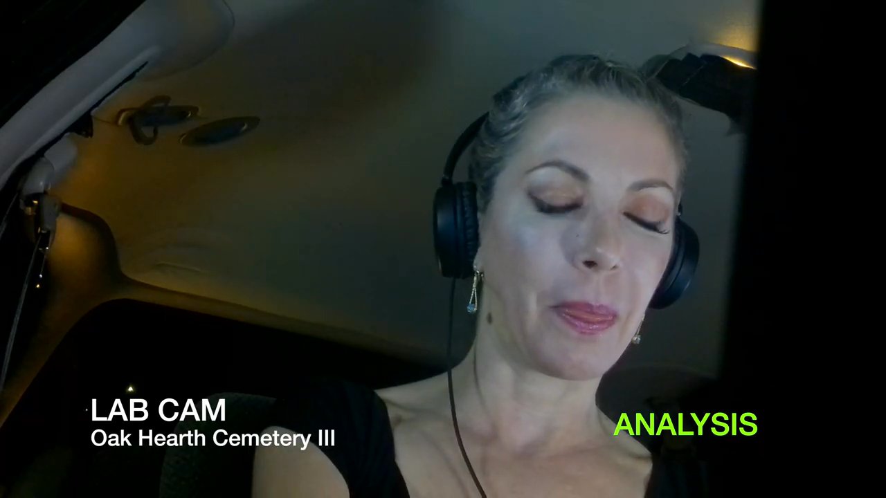 An investigator listens to audio recordings from Oak Hearth Cemetery, reacting with surprise and intrigue while performing a spectral analysis.