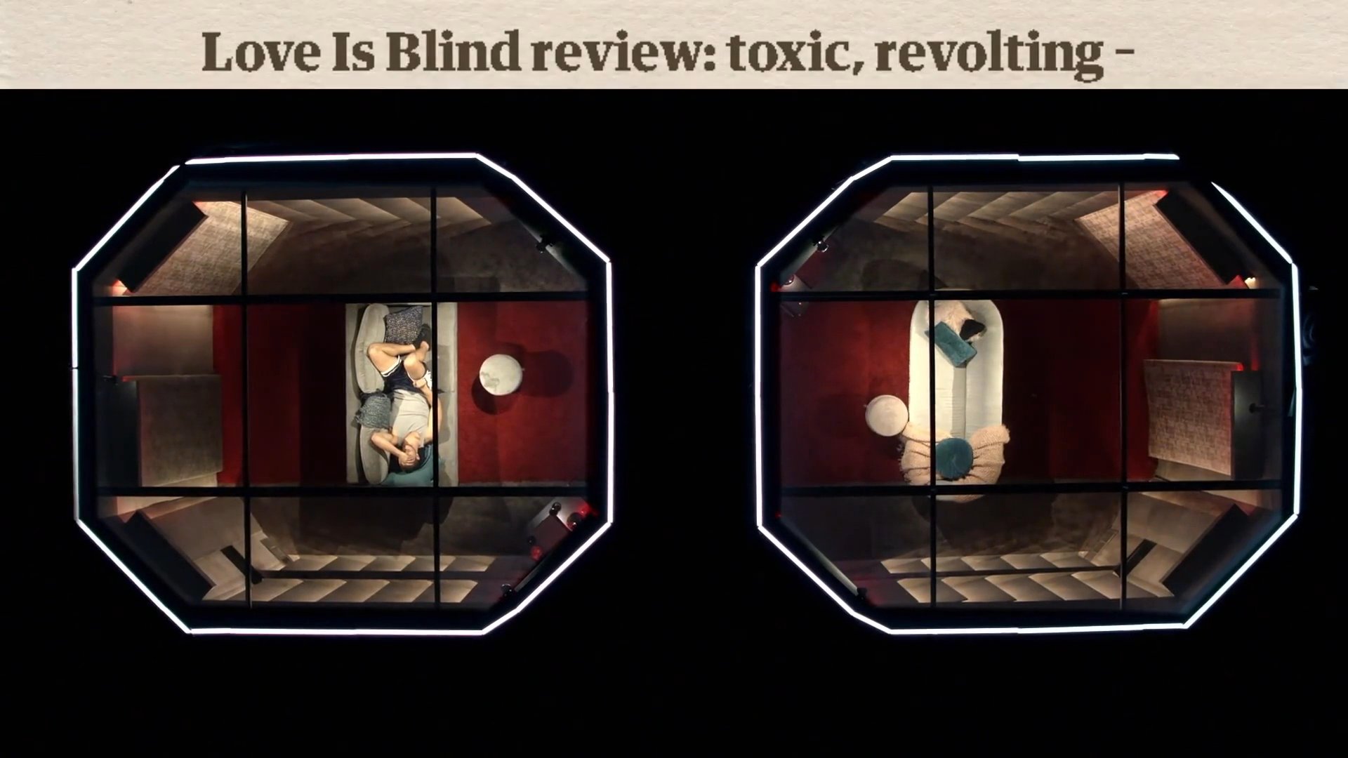 A presenter discusses a critical review of the reality dating series Love Is Blind, highlighting the show's polarizing impact and addictive nature.