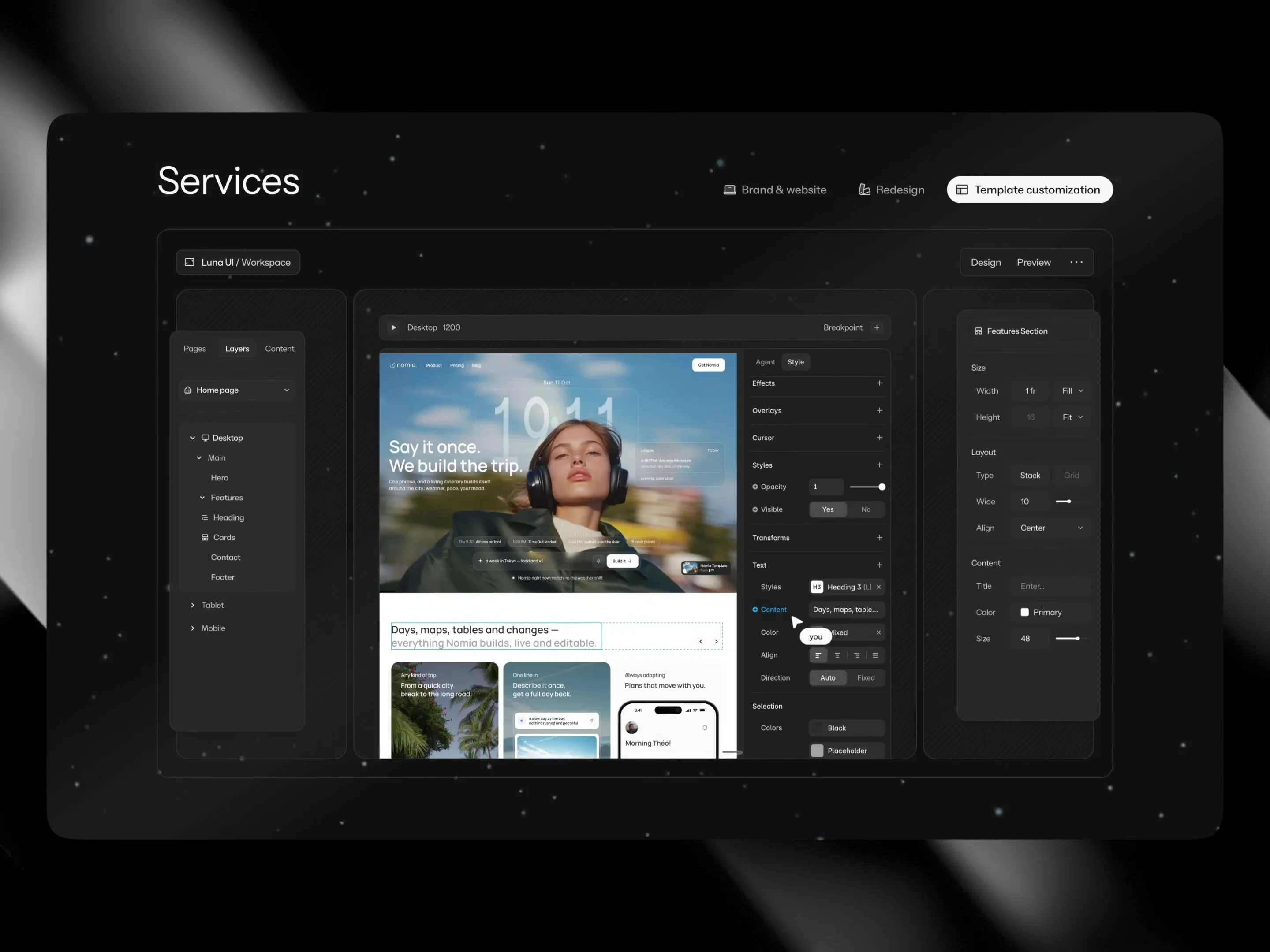 services section for lunaui.co is done  each tab shows how that kind of project gets made