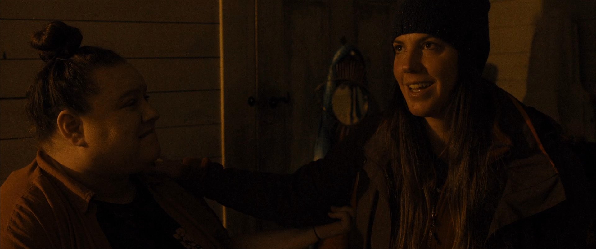 Two individuals arrive at a secluded cabin in the woods at dusk and engage in an intimate, friendly conversation inside the warmly lit space.