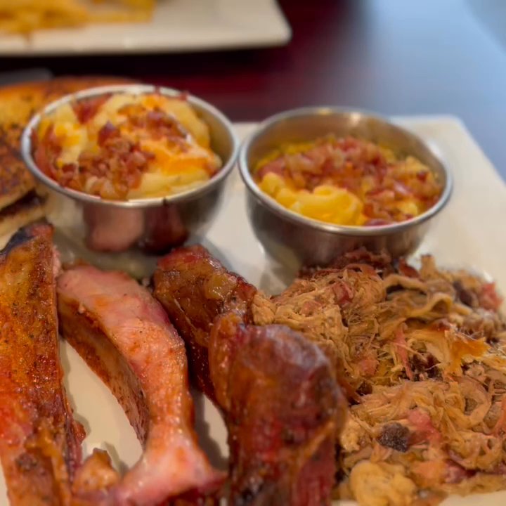Pig N Pig - Smoked Meat 2 Choice of Meat Plate  Meat #1- Pulled pork side Meat #2- Side of Ribs Side #1- Mashed potatoes Side #2- Baked Mac n cheese - Barbeque Near Me - Fullerton, California