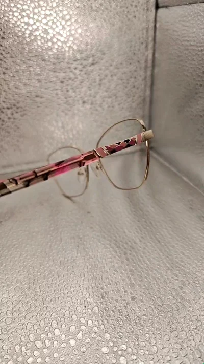 Gold Eyeglasses with Pink & Black Mosaic Temples | Squared Metal Frame Vintage Women | 54 16-140