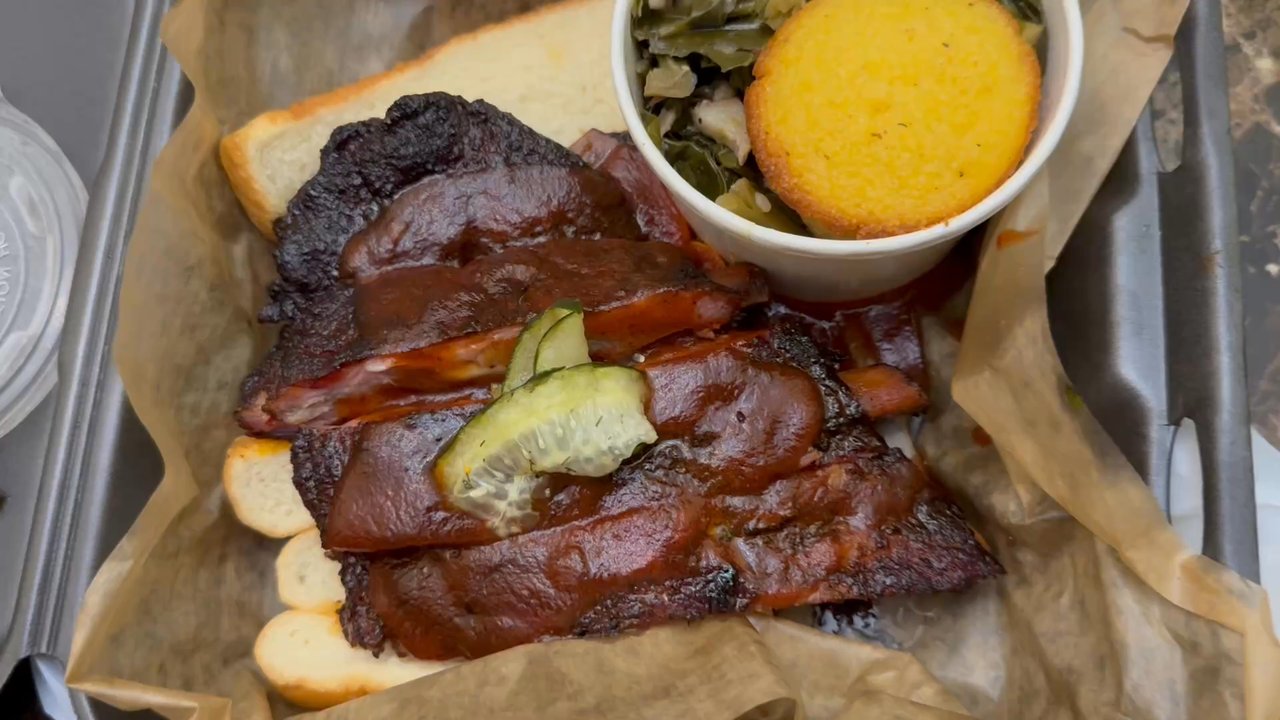 Burning Tree Smokehouse - Rib sandwich and collard greens - Tacos Near Me - Birmingham, Alabama