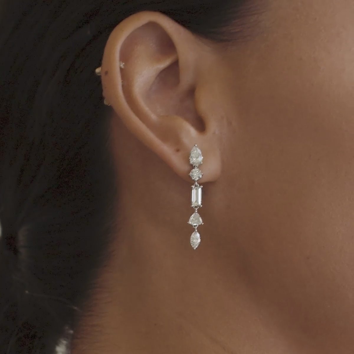 Mixed Drop Earring | pear+round-brilliant+baguette+trillion+marquise | 14k | Yellow Gold