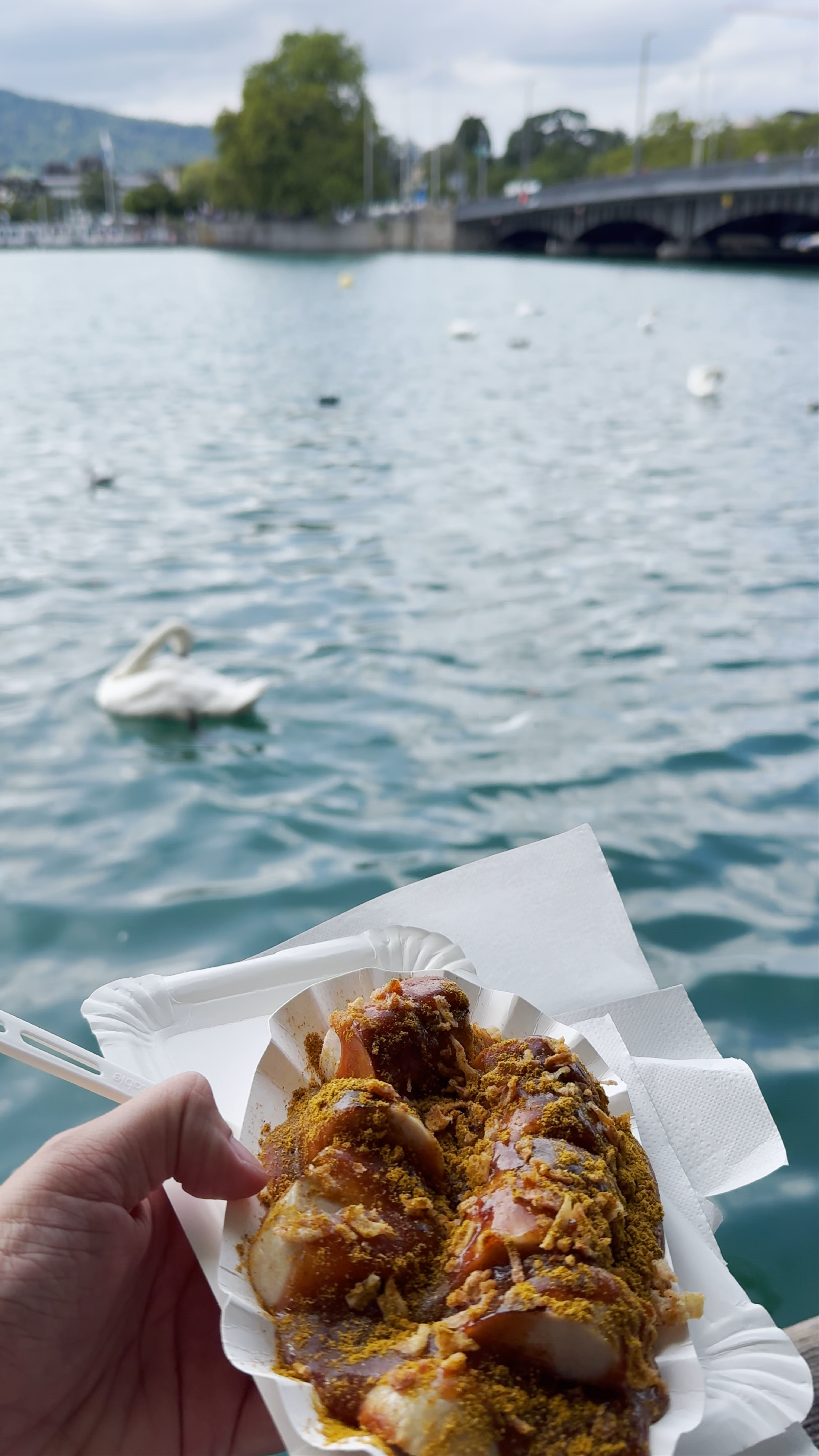 Savoring Currywurst by the Serene Lake Zurich Waterfront
