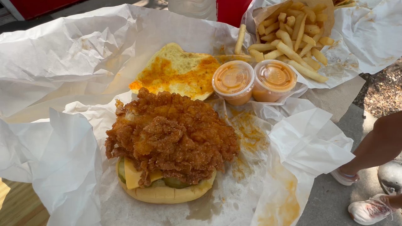 Red Light Chicken - Hot chicken sandwich with pickles and cheese, spicy mayo, fries. - Chicken Shop Near Me - Chicago, Illinois