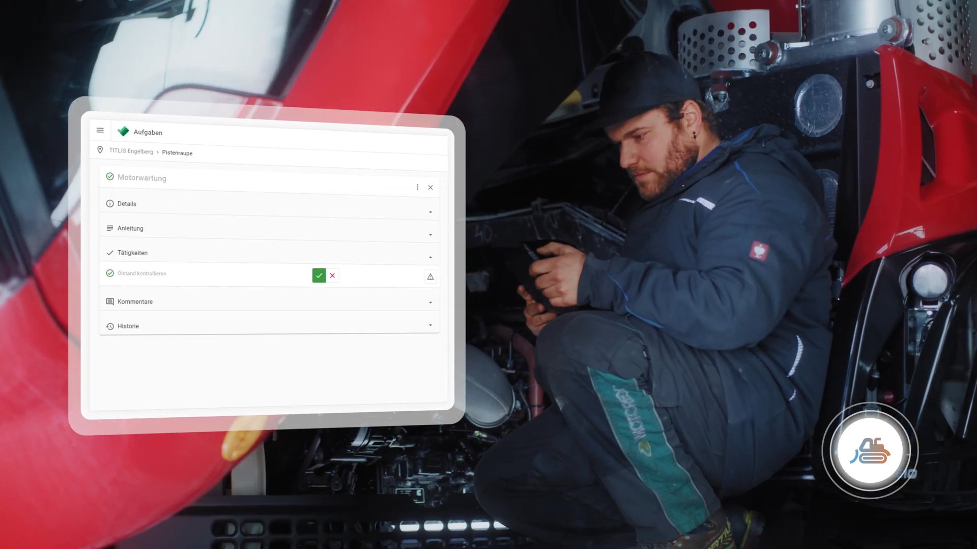 A task screen from the clair Resort Management App for snow groomer engine maintenance, demonstrated by a resort employee with a tablet.