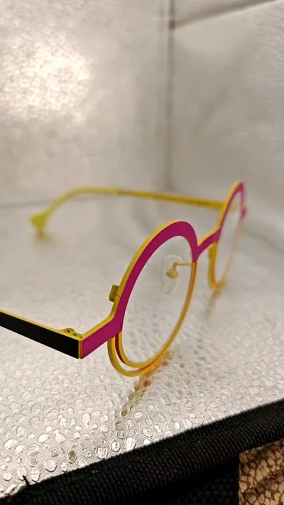 Round Burgundy and Yellow Eyeglasses | Vintage Color Block Frame Unisex | Original Designer Glasses 44 26-150