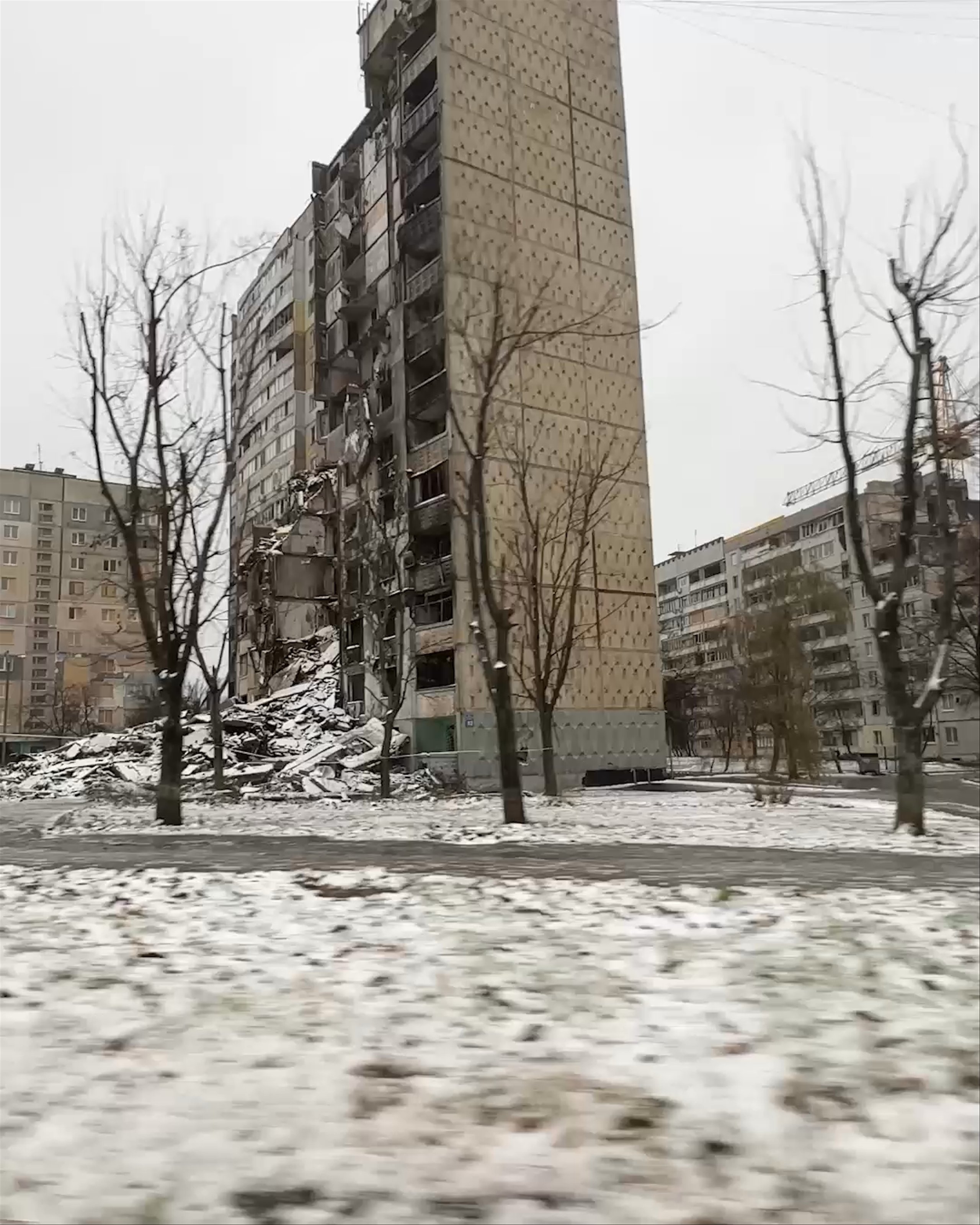 Video from volunteer truck showing destroyed apartment buildings