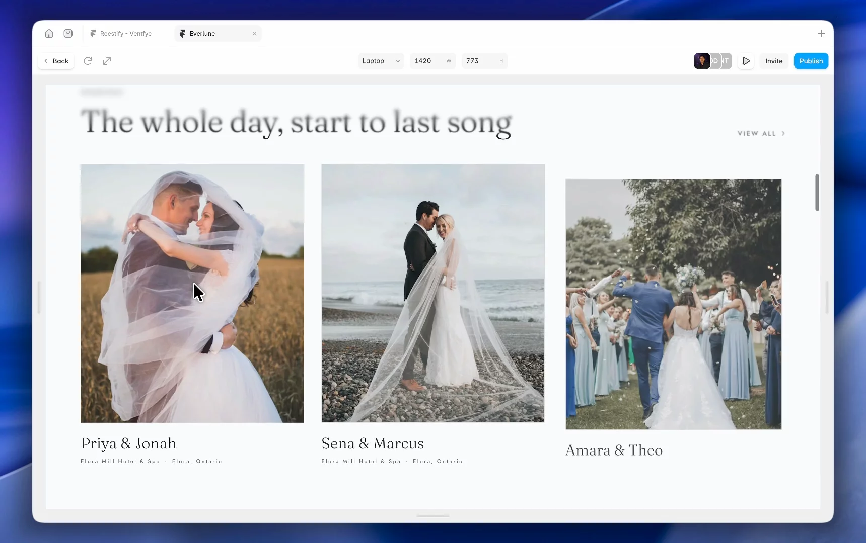 In EverluneEvery wedding gets its own story page date, venue, vendor credits, a real narrative, and a full photo set.This is what makes a portfolio feel like a body of work instead of a photo dump.Check it out: https://framer.link/thi0CPi