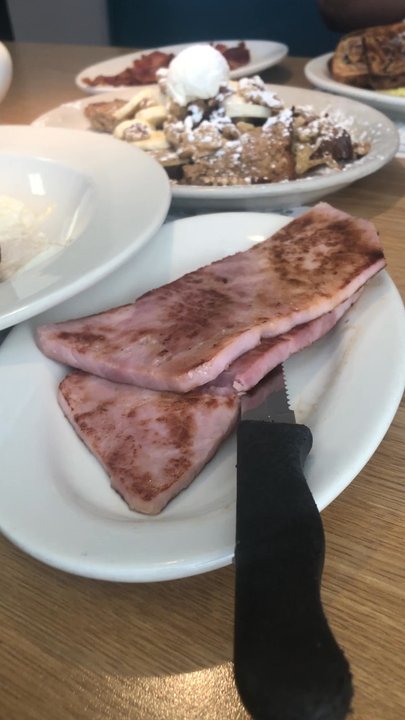 Cherry Hill Grille and Pub - 2 Egg Breakfast (one with ham/one with bacon) & Banana Bread French Toast to share - New American Near Me - Johnston, Rhode Island