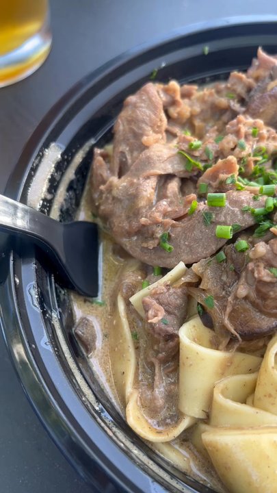 Mode Brewing - Russian Beef Pasta and Outdoor Seating area - Breweries Near Me - Orangevale, California
