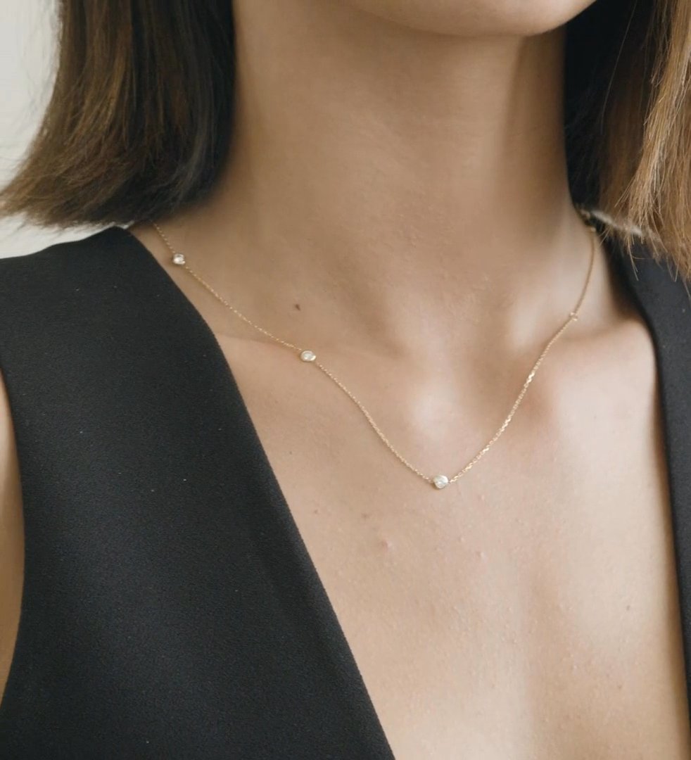 Knife-Edge Bezel Station Necklace | Round Brilliant | 14k | Yellow Gold | chainLength: 16-18